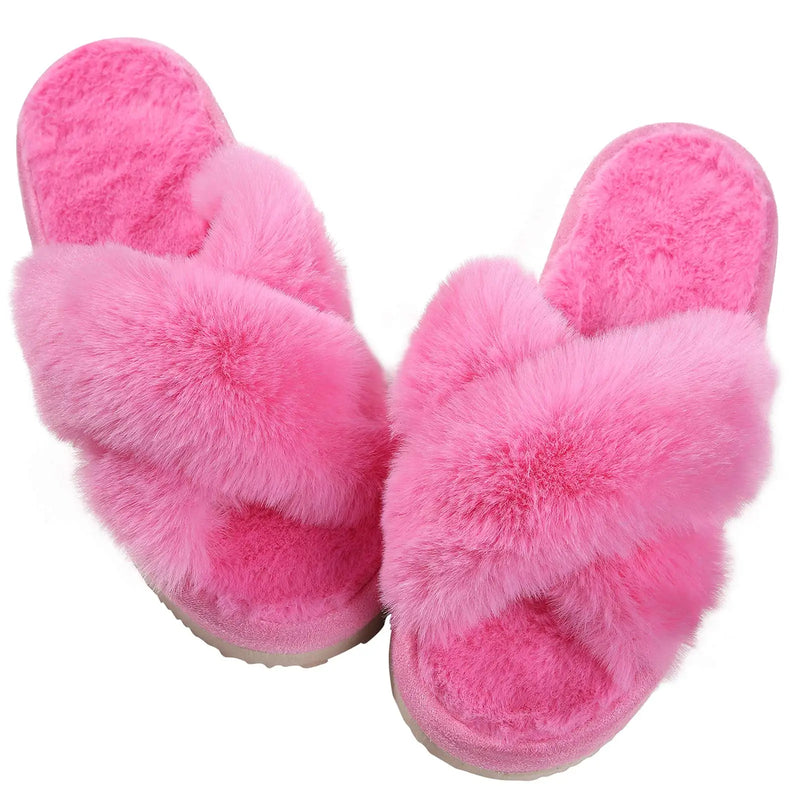 Comwarm Women's Cross Band Fuzzy Slippers Fluffy Open Toe House Slippers Cozy Plush Bedroom Shoes Indoor Outdoor Fur Sandals