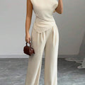 Elegant Pure Color Ladies Asymmetric Top And Wide Leg Pants 2-Piece Set for Commuting Casual Vacations Fashionable New Arrival