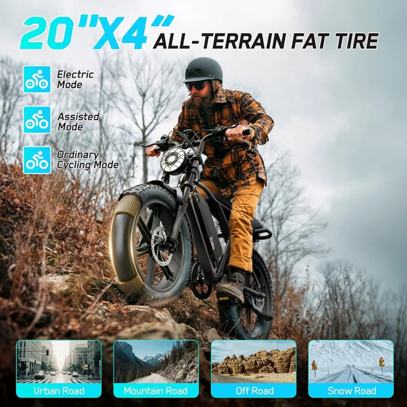 Full Suspension Fat Tire Electric Bike for Adults 1500W Peak Motor 60 Miles Range 48V 15Ah Removable Battery 7-Speed