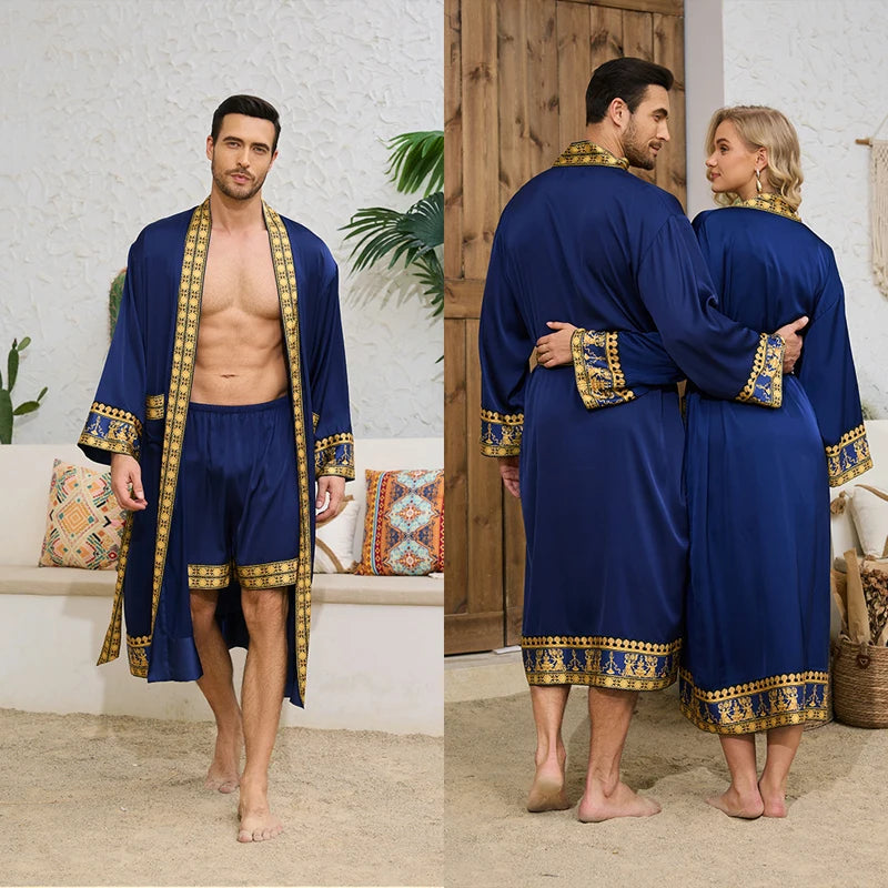 Spring Summer Men Pajamas 2PCS Robe Shorts Set Baroque Style Satin Kimono Bathrobe Nightgown Home Clothing Loungewear MY1170