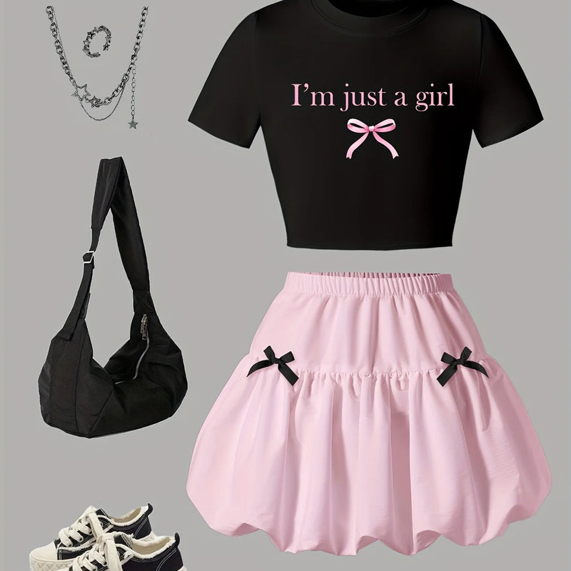 Girls' Summer Casual Outfit: Bow Print Short - Sleeve - View 3 | SAMAG
