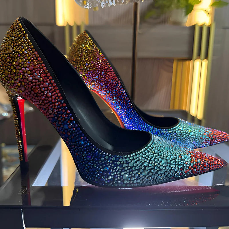 Women Full Diamond High Heel Pumps Rhinestone Pointed Toe Stiletto Heel Bling Bling Luxury Brand Colorful Crystal Wedding Shoes
