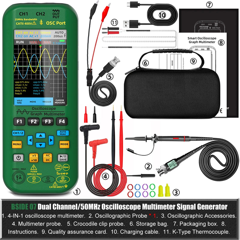 BSIDE 4-IN-1 Handheld Oscilloscope Digital Multimeter+Function Signal Generator Dual Channel O7:25MHz/O9:50MHz Current Tester