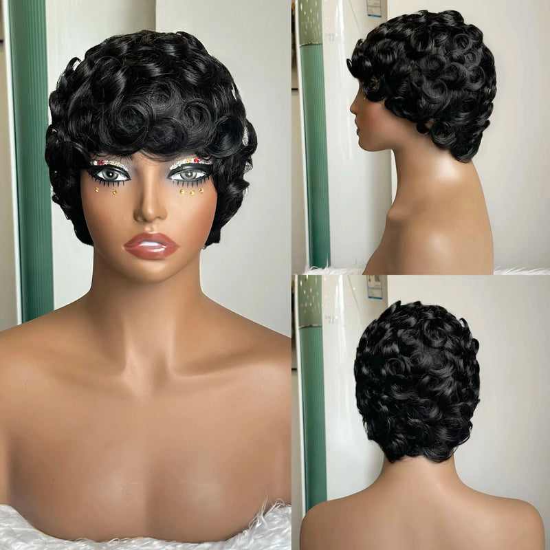 6 Inch Layered Cut Pixie Bob Wig,Natural Black 100% Brazilian Human Hair Straight Wig Full Machine Made for Women