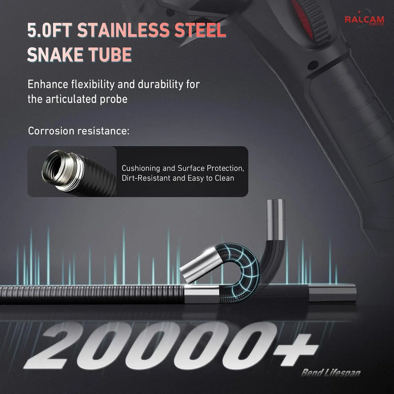 Ralcam  Endoscope Camera with 210° Movable Head, 6.2 mm Probe, 5 Inch HD Screen IP67 Inspection Camera， for Car and Home