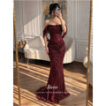 Aileen Sequin Off The Shoulder Burgundy Mermaid Evening | SAMAG