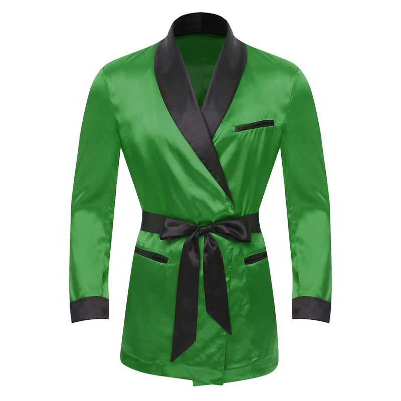 Mens Sleepwear Jacket Robe with Belt Pajamas Top Lapel Long Sleeve Side Pockets Satin Shirt Kimono Bathrobe Nightwear Loungewear