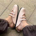 Women's Patent Leather Mary Jane Mules Buckle Bow Decor Slip on Flat Shoes Plaid Lining Casual Half Slippers Fashion  Footwear