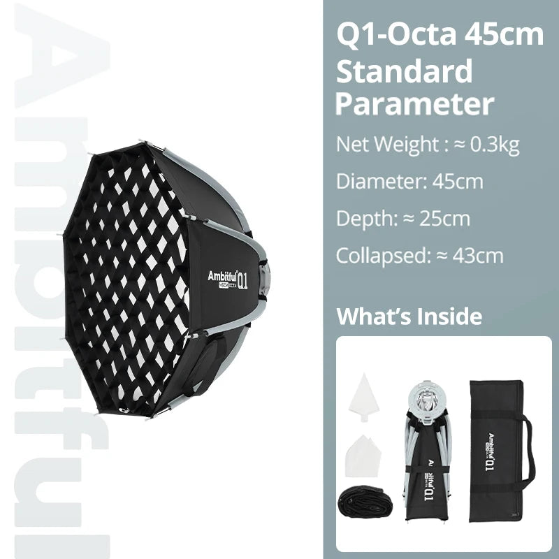 NEW！AMBITFUL Q1 Mini Bowens/GODOX Mount 30cm 45cm Octa Softbox 20*55cm Strip Softbox 30cm Softball 45cm Bounce Softbox For GODOX