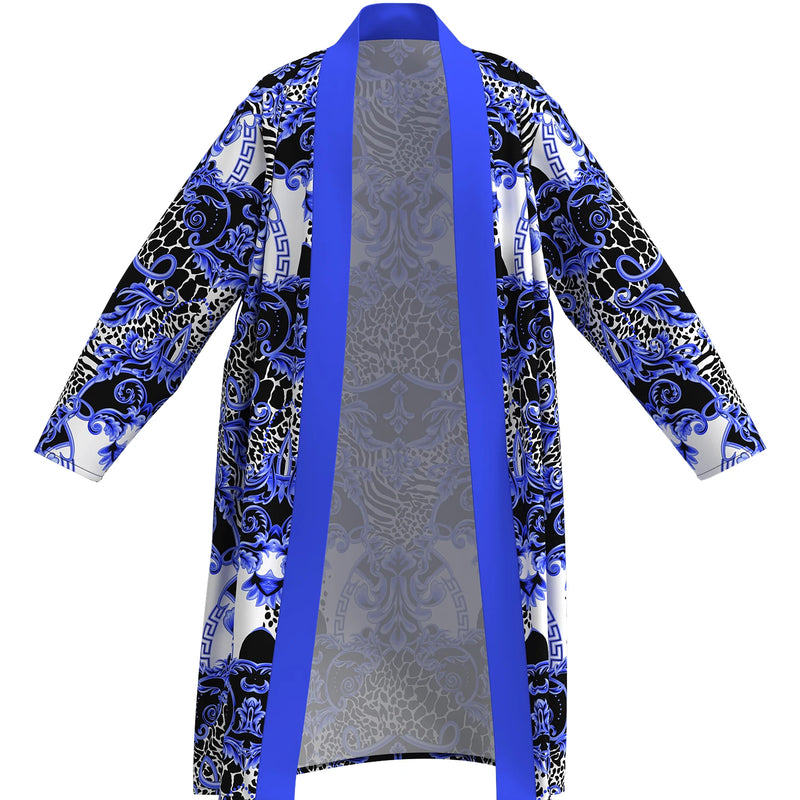 Men's blue and white baroque print bathrobe, light luxury leopard print floral long-sleeved home clothes, casual nightgown