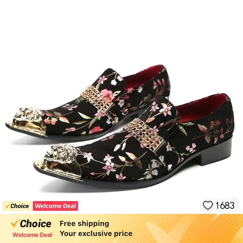 New red black Color Men Leather Shoes Men's Loafers with Gold Toe and Metal Party Wedding Men Dress Shoes