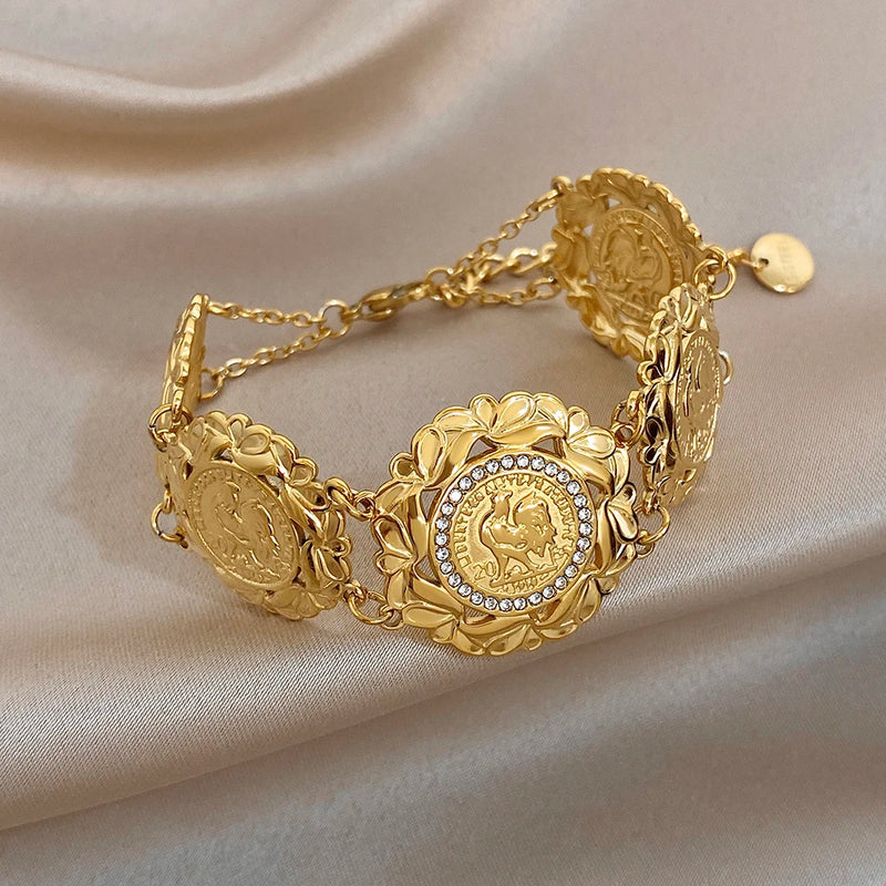 Vintage Gold Plated Stainless Steel Coins Wrist Bracelet for Women Men Classic Ethnic Cuff Bracelets Waterproof Jewelry