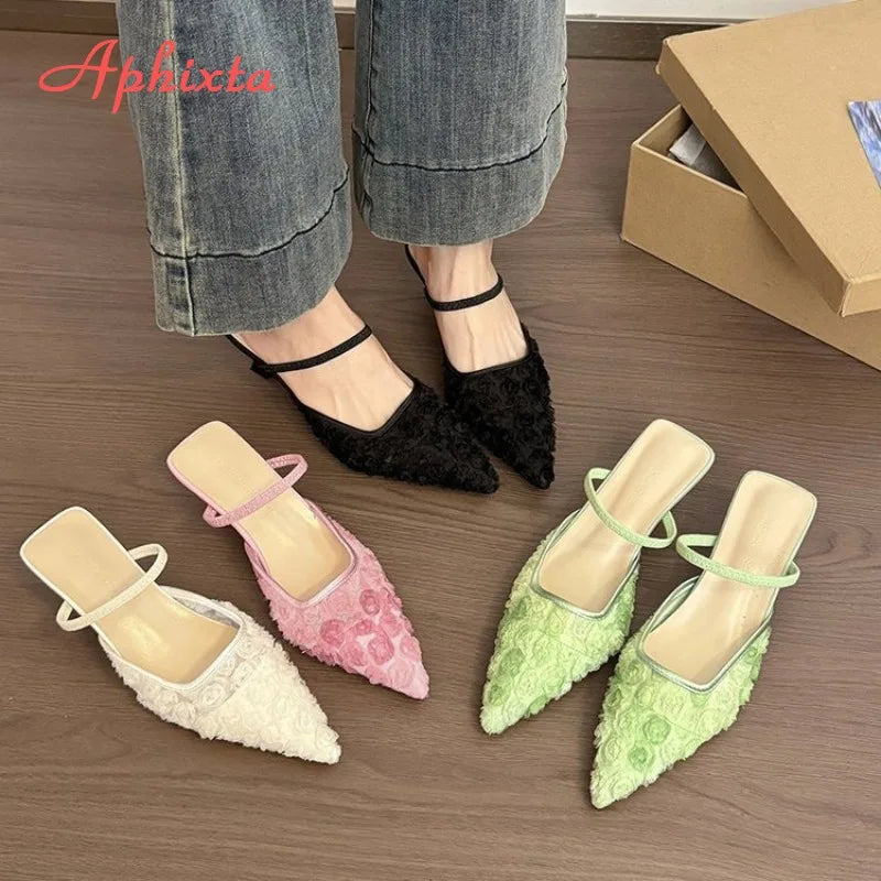 Aphixta 2026 New Fashion Women's Pink Floral Mules Pointed Toe Low Heel Slippers Elegant Summer Dress Shoes for Ladies
