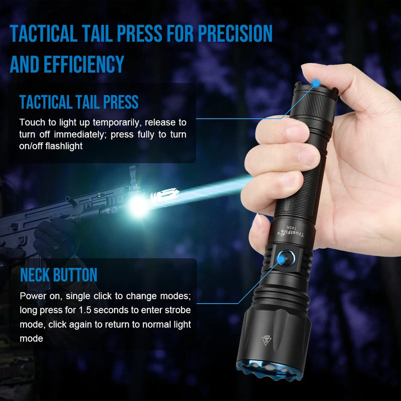 Trustfire T45R Powerful LEP Tactical Flashlight Hunting 21700 Rechargeable Lighting Torch 1695M Beam Range Military Self Defense