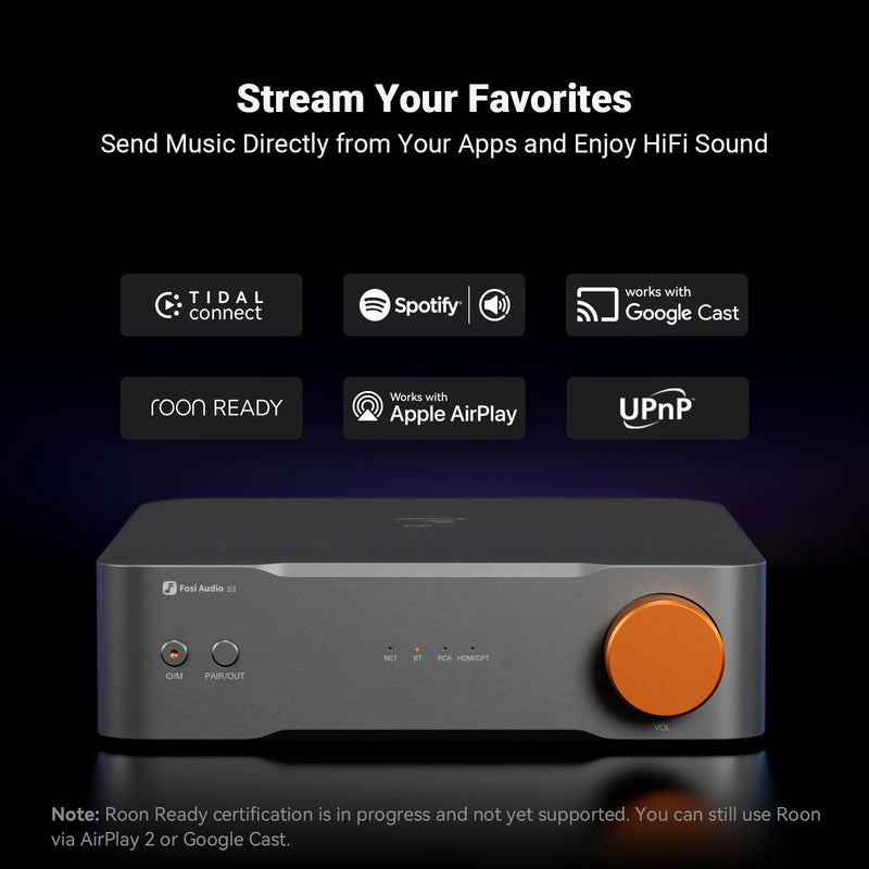 Fosi Audio S3 HiFi Music Streamer Bluetooth 5.3 AKM4493SEQ DAC Preamp Network music Player Compatible with AirPlay2, Google Cast