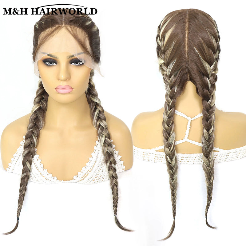 Half Red Half Black Colored Lace Front Braided Wigs For Women 26 Inch Long Synthetic Double Dutch Box Braids Wig With Baby Hair