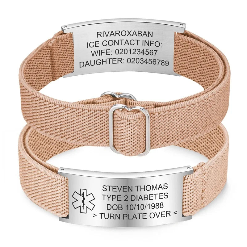 Personalized Medical Alert Bracelet for Men Customized Elastic Strap Stainless Steel ID Engraved Medic - Visuel 9 | SAMAG