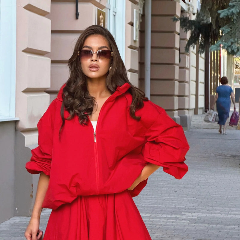 Women Oversized Hooded Zipper Jacket Maxi Long Skirt Two | SAMAG