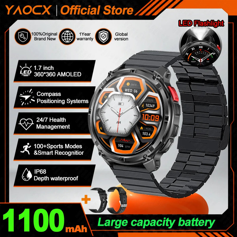 NEW 1100mAh Battery Sports Smart Watch Compass IP68 Waterproof Outdoor Flashlight Voice Assistant Heart Rate BT Call Smart Watch