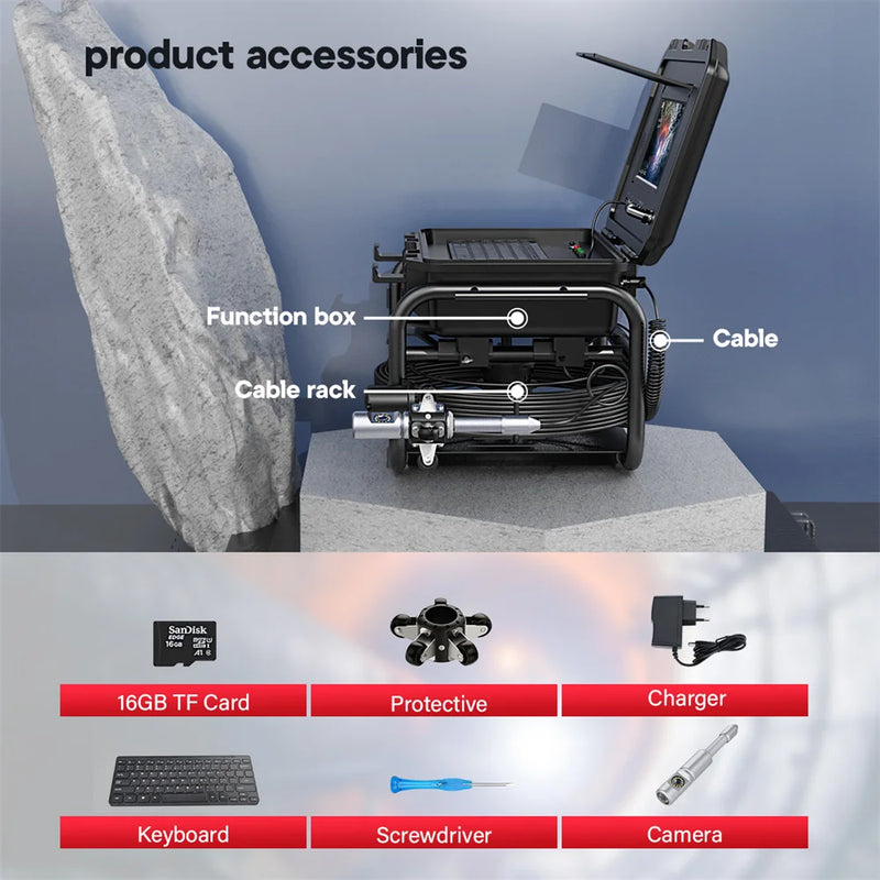 360 Rotating Sewer Pipe Inspection Camera 9″ 32MM Camera IPS+1080P Screen +512HZ Transmitter+Meter Counter+Keyboard Sewer Camera