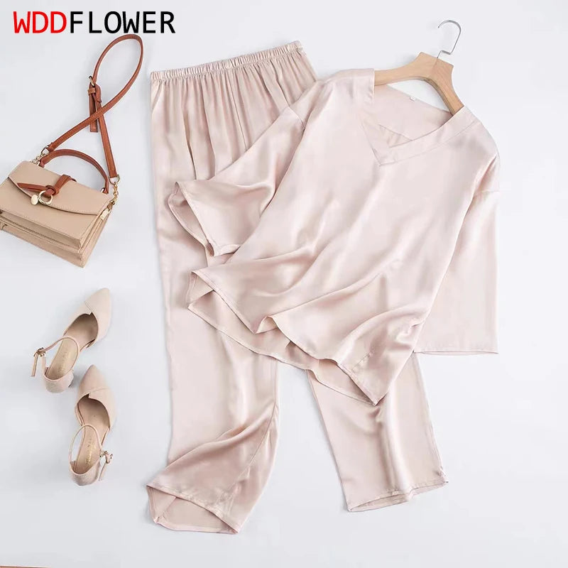 Women 100% Pure Mulberry Silk Charmeuse Silk V Neck Pajama Set Casual Loose Sleepwear Nightwear L XL SQ001