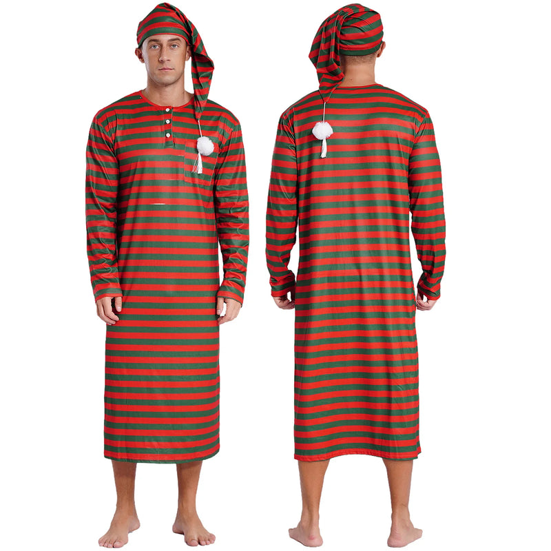 Men's Striped Nightshirt Sleep Robe Set Loose Soft Long Sleeve Sleeping Long Shirts with Night Cap Christmas Sleepwear Nightwear