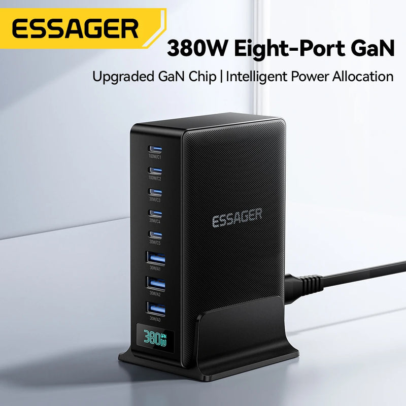 Essager 380W GaN Fast Charging Charger Stand 8-in-1 Desktop Laptop Charging Dock for iPhone 17/16/15 pro Max MacBook Air Xiaomi