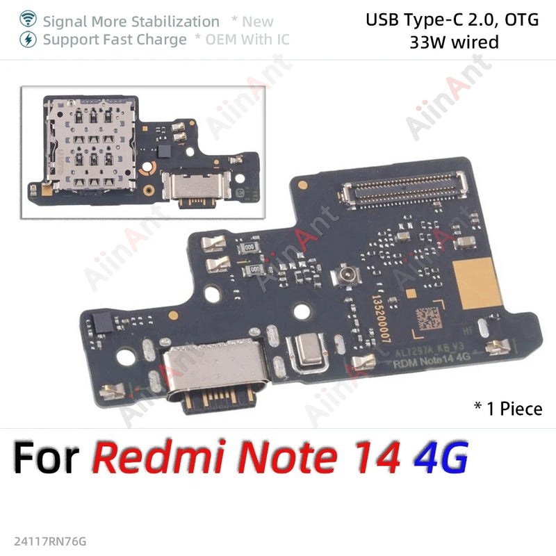 Bottom USB Charger Board Dock Connector Charging Port Flex Cable For Xiaomi Redmi Note 13 14 13C 14C 14R 13R Pro Plus 4G 5G Part