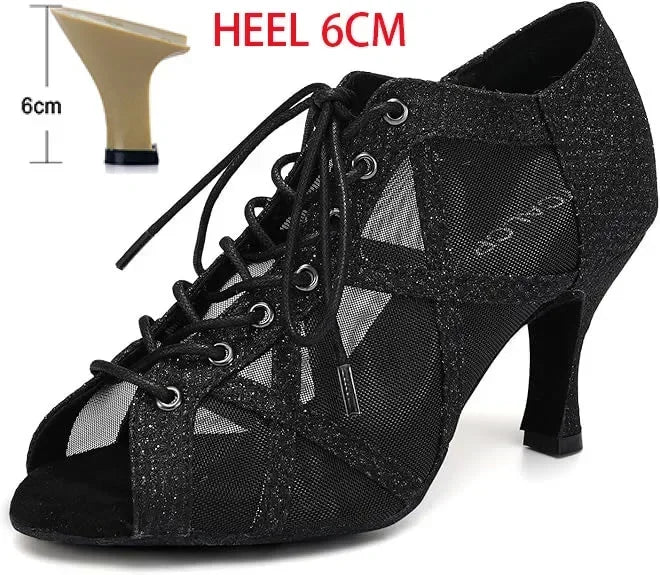 Black Latin Dance Shoes for Women Breathable Mesh Suede Sole Wedding Party Professional Ballroom Jazz Tango Training Dancing