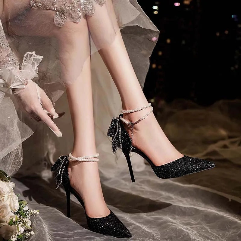 2024  French New Pointy Shallow Mouth Temperament Elegant Sequin Bow High Heels Women's Fine Heel Pearl Line with A Single Shoe