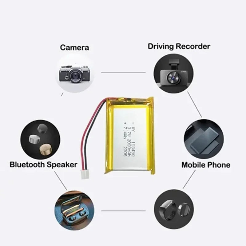 103450 3.7V 2000mAh Polymer Lithium Rechargeable Battery jst PH 2.0mm 2pin plug for Camera GPS navigator MP5 Bluetooth Headset