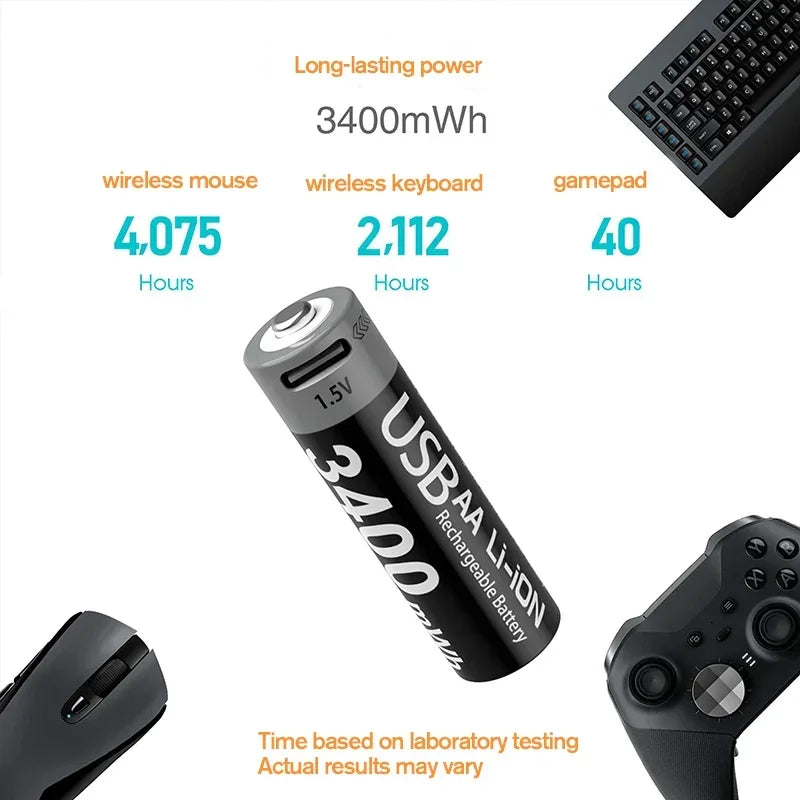 1.5V AA 3400mAh USB Type-C Rechargeable Lithium Battery for Hunting Camera Remote Control Mouse Smart Door Lock Microphone