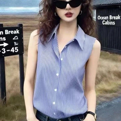 Office Lady Sleeveless Striped Plus Size Button Blouse | SAMAG