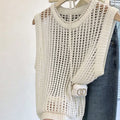 Women's White Hollow Out Knit Vest, Crew Neck Sleeveless - View 3 | SAMAG