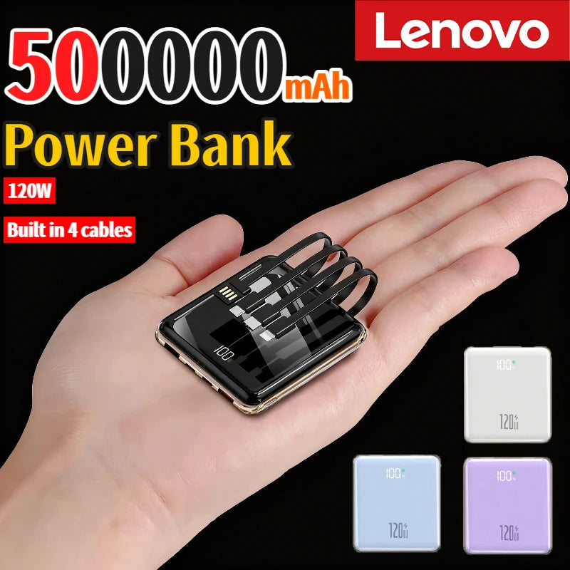 Lenovo New 500000mAh Mini Power Bank Built-in 4 Cables Large Capacity Super Fast Charging External Battery for IPhone Samsung