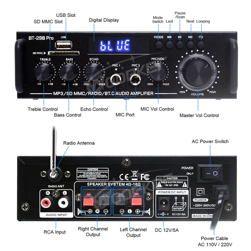 Woopker Amplifier Bt 298 Pro Home Theater Amplifier Karaoke Dual Channel Stereo Bluetooth 5.0 Maximum 800W RMS 45w+45w