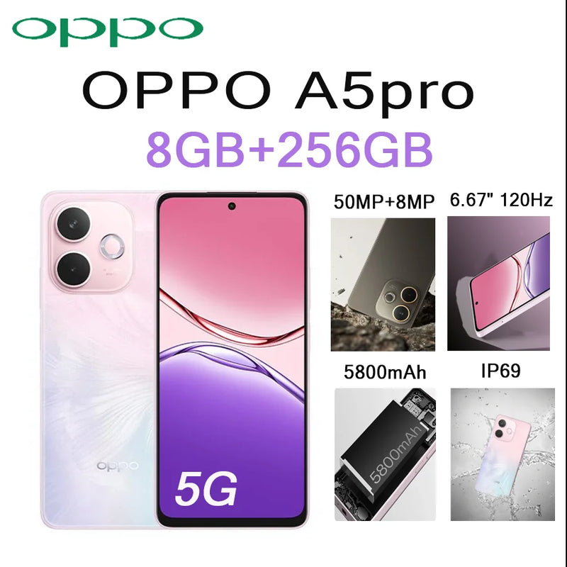 OPPO A5 Pro 6.67" 120Hz Display 8GB+256GB 50MP Cam 5800mAh Long Lasting Battery 5G EU/US Version Dual SIM Unlocked Smartphone