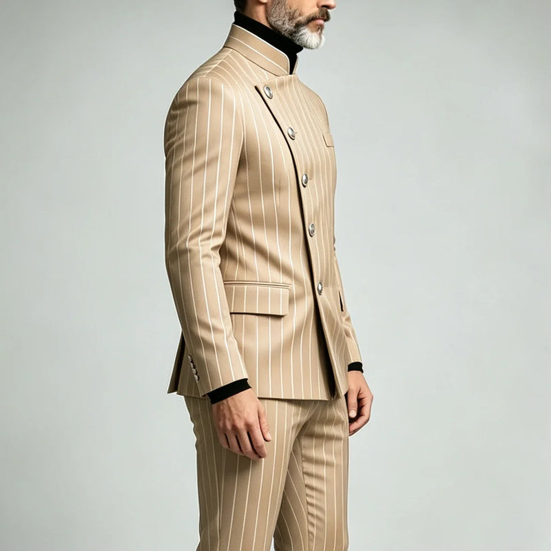Men's Pinstripe Business Suits Single Breasted Stand Collar Slim Fit Suit Jacket Pants 2 Pieces Formal Tuxedo for Wedding Party