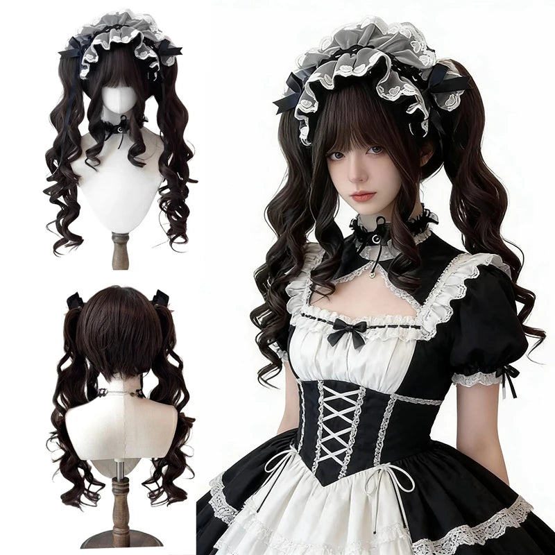 Blonde Pigtail Wig Long Curly Sweet Lolita Wigs with Bangs Heat Resistant Synthetic Hair For Women Halloween Cosplay Party Daily