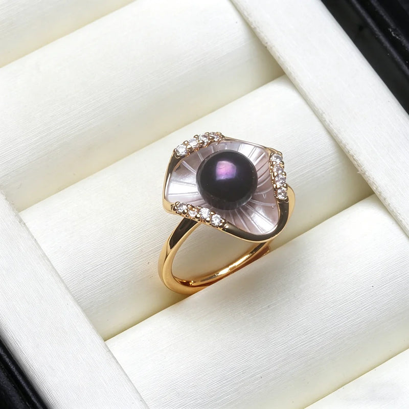 Genuine Favourite 925 Sterling Silver Pearl Ring Woman,White Black Natural Freshwater Adjustable Pearl Ring Wife Mother Gifts