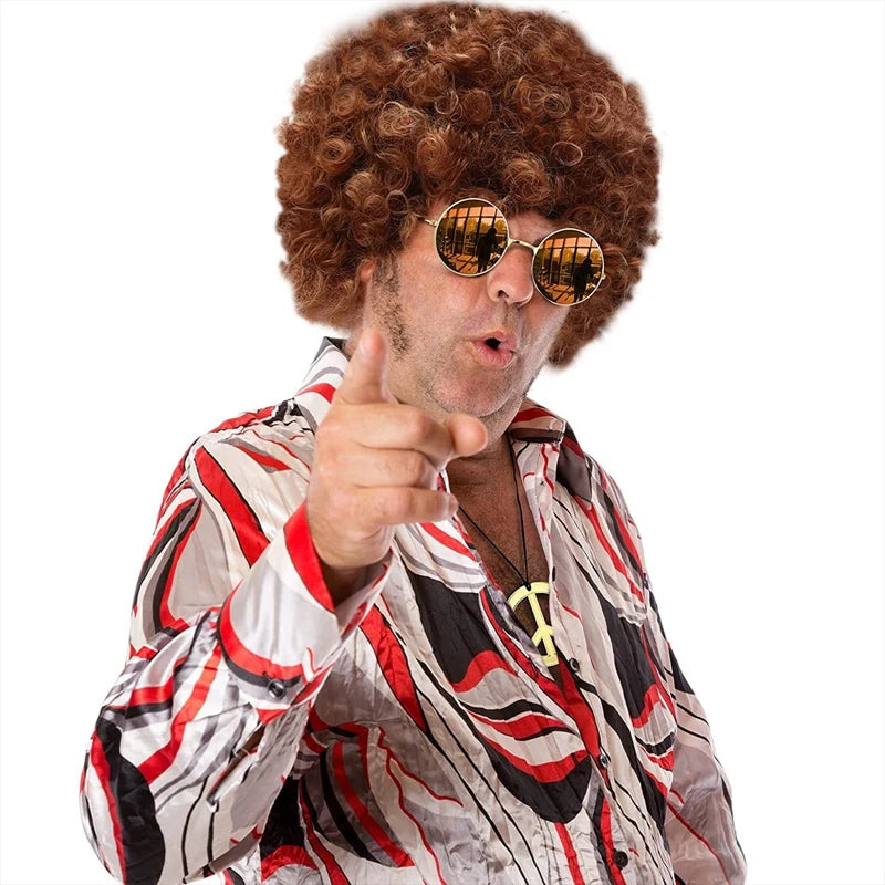 Men Synthetic Wig Hat Curly Hair Cap Sunglasses Necklace 3 PCS Set Funny 70s Disco Hippie Hair Props Party Hip Hop Dance Costume