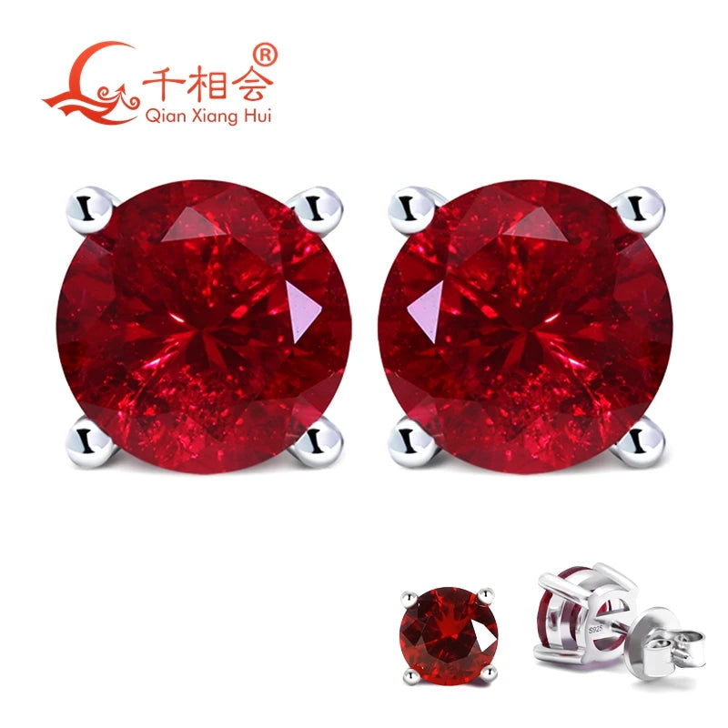 Lab Created Ruby Ear Stud 5-9mm Pigeon Blood with Inclusions Red Round Shape Single Stone S925 Silver Earrings Jewelry