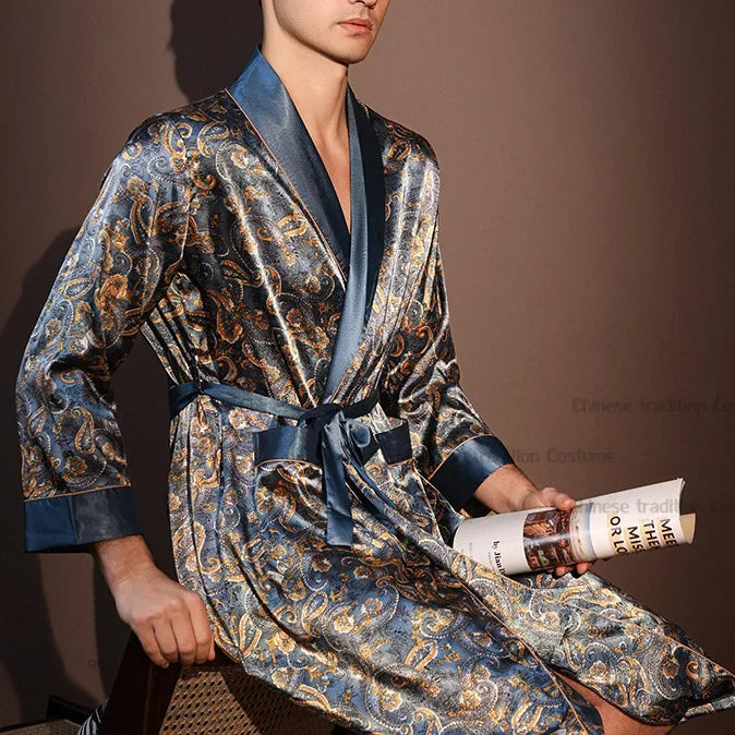 Men Summer Thin Bathrobe High Quality Nightrobes One-Piece Robe Male Loungewear Gents Spring Large Size Ice Silk Printed Pajamas