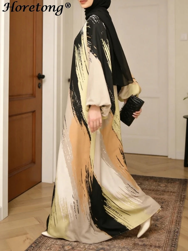 Horetong Summer Muslim Abaya Women Dress Art Print O-Neck | SAMAG