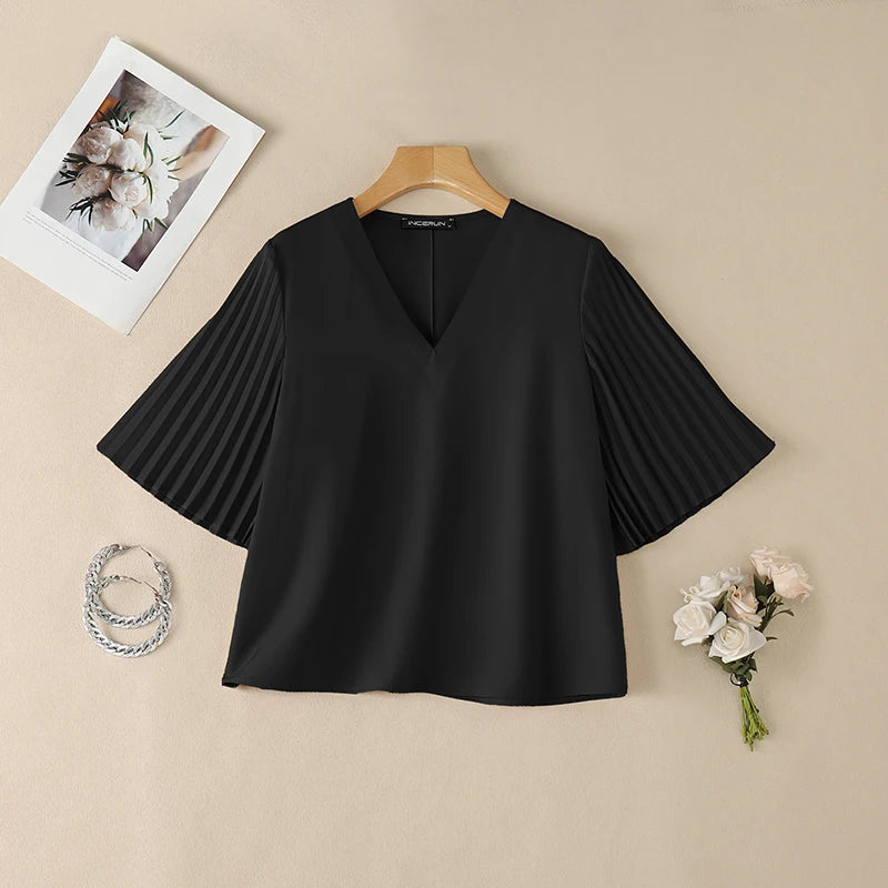 ZANZEA Summer Elegant V Neck Short Sleeve Blouse Women - View 8 | SAMAG