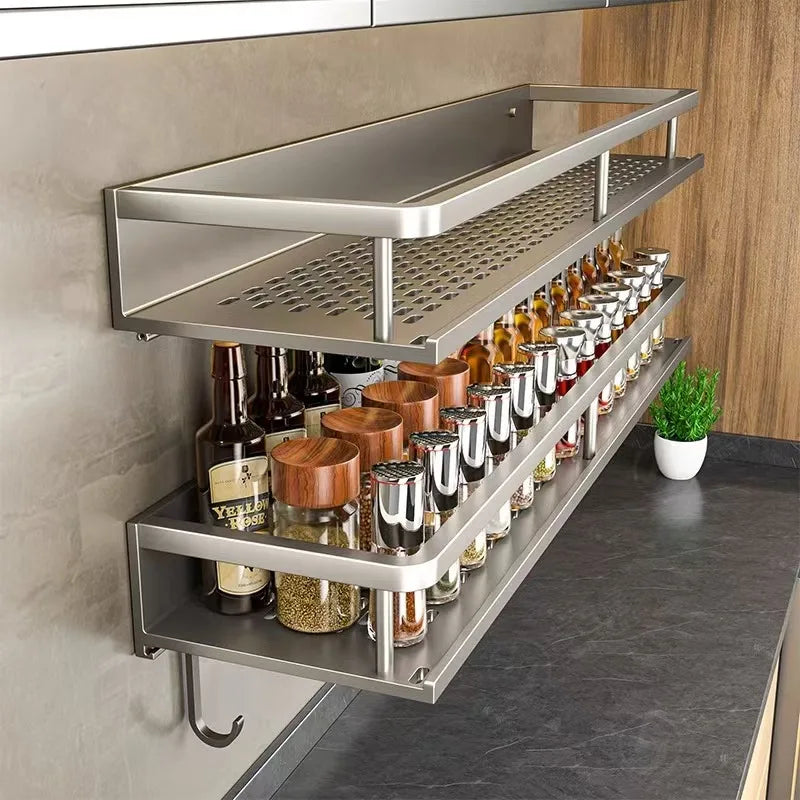 Light luxury kitchen multi-functional storage rack wall-mounted spice rack hole-free seasoning stainless steel wall storage rack