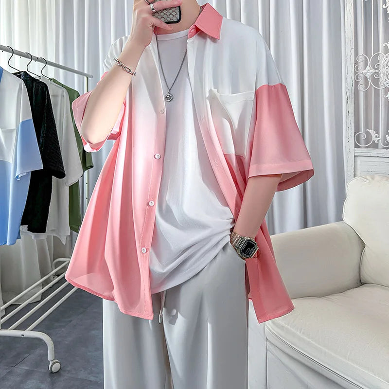 Told Tale Summer New Lapel Gradient Loose Men Shirt Short | SAMAG