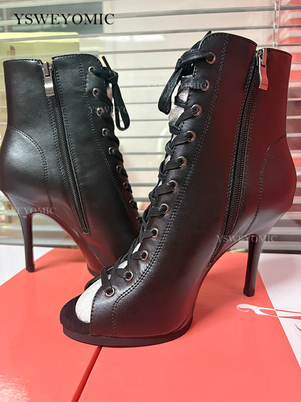 Dance Booties 9.5cm Dance Heels Black Leather Outdoor Latin Salsa Jazz Women Girls Dance Shoes