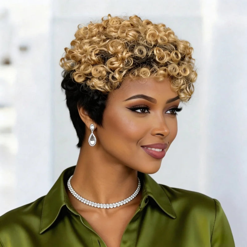 6 Inch Two Tone Ombre Short Curly Pixie Wig Human Hair Pixie Cut Wig for Women Daily Party Use Full Machine Made Wig