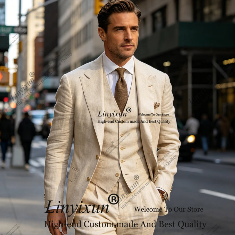 Summer linen Beach Men Suits Slim Fit Cool 3 Piece Wedding Groom Tuxedo Male Fashion Costume Blazer men's suits and separates